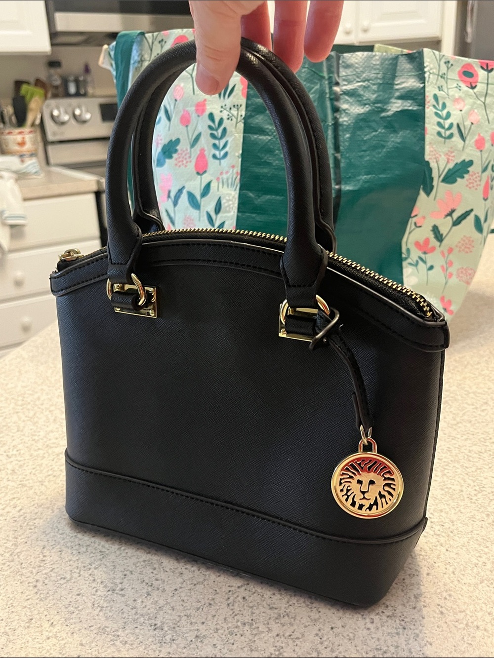 Black Dome Satchel Handbag with Gold Lion Medallion
